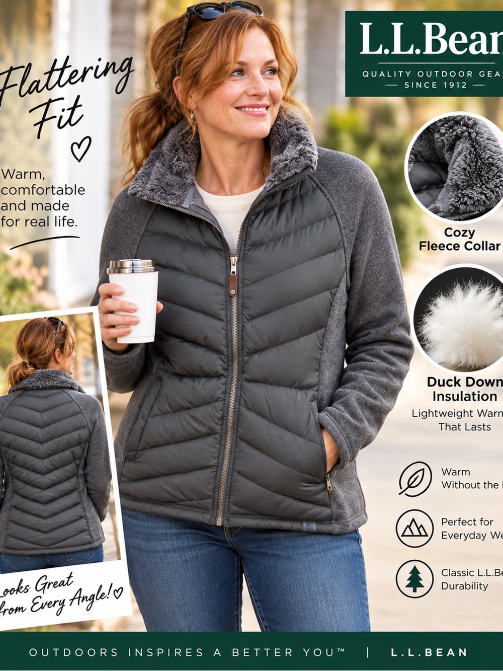 L.L. Bean Women's Gray Quilted Puffer Jacket with Fleece Collar